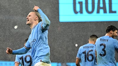 Erling Haaland celebrates after scoring City's second goal. AFP