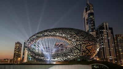 Test of the light show to celebrate the 49th UAE National Day celebrations projected on the Museum of The Future. Antonie Robertson/The National