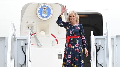 Jill Biden, in a belted floral Oscar de la Renta dress, arrives in Savannah, Georgia on July 8, 2021. AFP