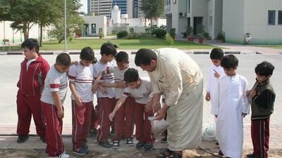 Pupils from Zayed bin Sultan School for Boys in Dubai are given a hands-on lesson on organic farming as part of a nutritional programme introduced to 54 government schools by the Ministry of Education. Courtesy PH7 Catering