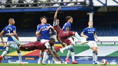 Aston Villa's Ezri Konsa scores the opening goal. Reuters