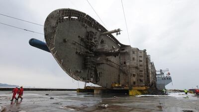 In this photo provided by South Korean Ministry of Oceans and Fisheries, the sunken ferry Sewol on a semi-submersible transport vessel is seen during the salvage operation in waters off Jindo, South Korea. South Korean Ministry of Oceans and Fisheries via AP