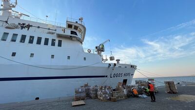 The 'Logos Hope' docked at Al Rashid port in Dubai, on April 18. AFP