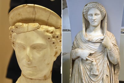 An artefact returned by Italy to Libya, known as the 'Head Domitilla', left, and right, a statue of the goddess Persephone. AP Photo