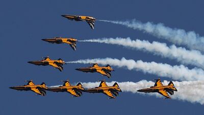 Air demonstration group 'Black Eagles' from the Republic of Korea Air Force (ROKAF) performs during the 69th anniversary of Armed Forces Day at the 2nd Fleet Parade Ground in Pyeongtaek, South Korea. Jeon Heon-Kyun / EPA