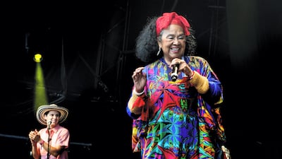 Totó La Momposina at Womad festival, UK, in 2015, in one of her many performances to bring the music and dance of the indigenous villages of her homeland to the world. Gett Images