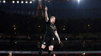 Kevin De Bruyne of Manchester City celebrates after scoring his team's first goal against Arsenal at the Emirates Stadium on Sunday. Getty Images