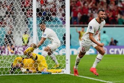 Morocco's Romain Saiss, right, reacts after scoring to make it 1-0 against Belgium. AP Photo