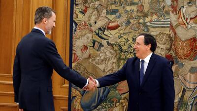 Spain's King Felipe VI welcomes Tunisian Minister of Foreign Affairs Khemaies Jhinaoui during an audience at the Royal Palace in Madrid. EPA