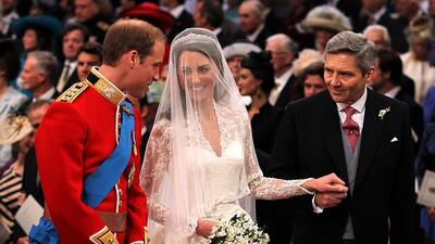 Kate Middleton is given away by her father, Michael Middleton, at Westminster Abbey in London, England, on April 29, 2011. Getty Images