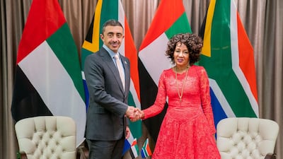 Sheikh Abdullah bin Zayed thanks Lindiwe Sisulu, his South African counterpart, for hosting the UAE-South Africa Joint Commission. MOFAIC / Wam