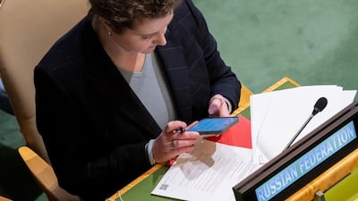 Anna Evstigneeva, Deputy Permanent Representative of the Russian Federation, attends an emergency special session of the UN General Assembly on Ukraine. Photo: UN Photo