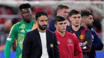 Manchester United's head coach Ruben Amorim looks dejected after their Europa League final defeat to Tottenham Hotspur in Bilbao. AP