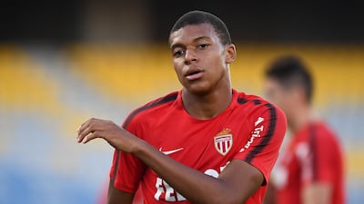 Monaco's French forward Kylian Mbappe takes part in a training session at the Grand Stade in Tangiers on July 28. Franck Fife / AFP