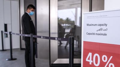 A sign showing the maximum capacity of 40% at the entrance of Louvre Abu Dhabi.