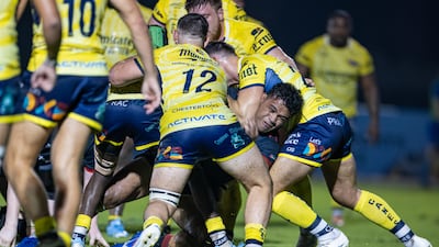 Duane Aholelei of Dubai Exiles scores a try in their 24-14 West Asia Super Rugby win against Dubai Hurricanes at The Sevens in Dubai on October 25, 2024. All photos: Christopher Pike for The National