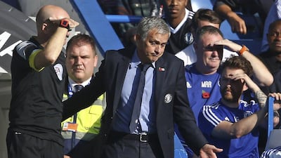 Chelsea manager Jose Mourinho gestures during the English Premier League football match against Liverpool at Stamford Bridge in London. AFP PHOTO / JUSTIN TALLIS