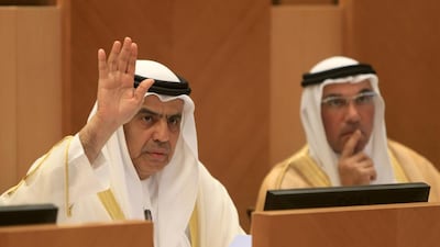 Obaid Al Tayer, Minister of State for Finance Affairs, left, and Khalid Al Bustani, the new Director-General of the Federal Tax Authority, at the FNC session in Abu Dhabi. Ravindranath K / The National