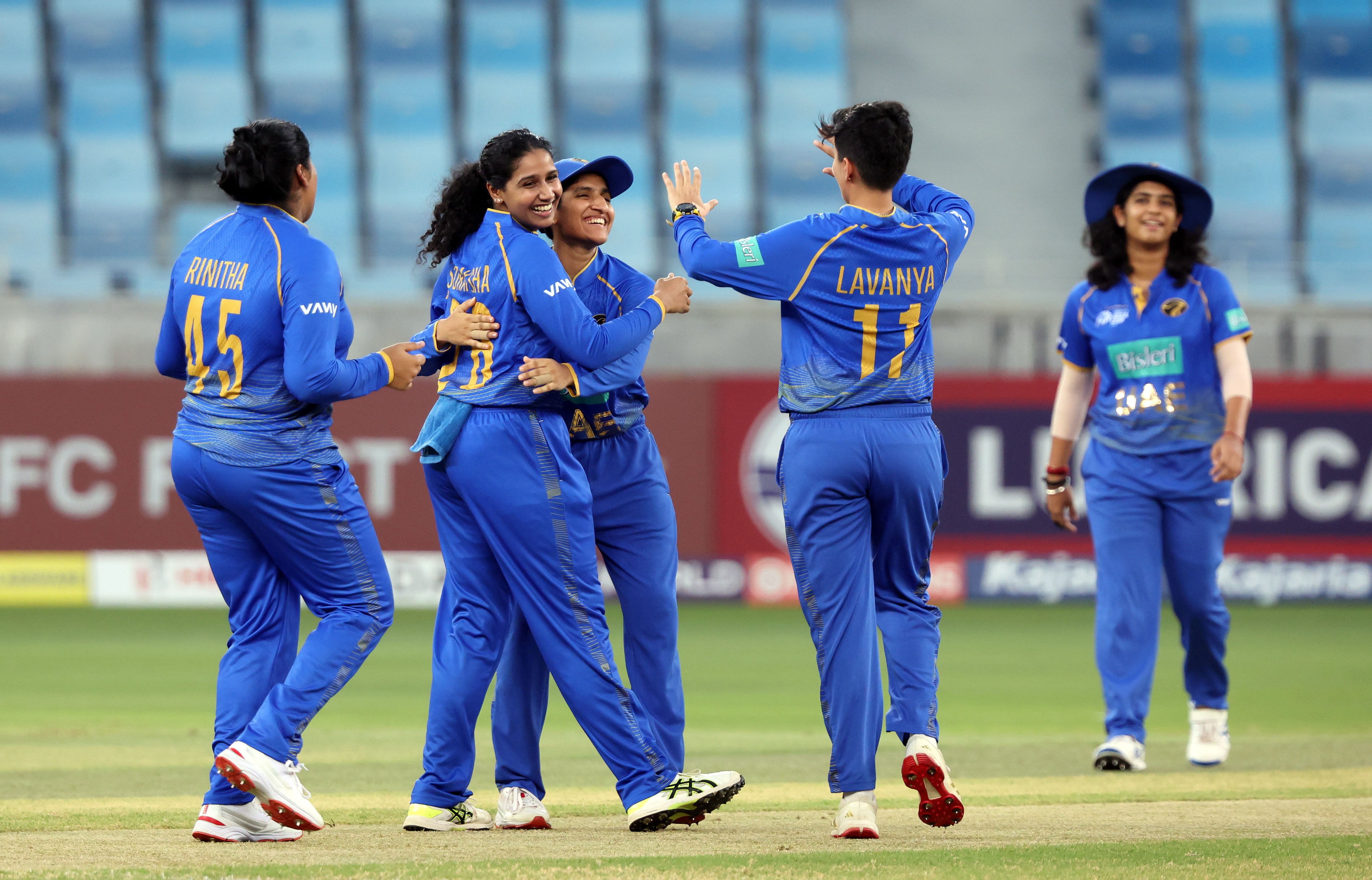 UAE's Suraksha Kotte after taking the wicket of Indonesia's Maria Corazon