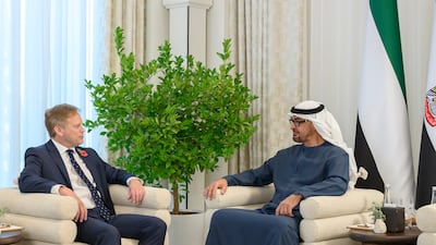 President Sheikh Mohamed received Grant Shapps, the UK's Defence Secretary, at Al Shati Palace on Thursday. Photo: Presidential Court
