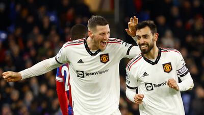 Bruno Fernandes celebrates with new signing Wout Weghorst after putting United ahead. Action Images