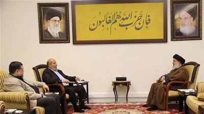 Hezbollah leader Hassan Nasrallah, right, met with Hamas's Khalil Al Hayya and Osama Hamdan. @MonitorX / X