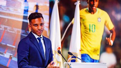 Rodrygo speaks to the media following his unveiling at Real Madrid. EPA