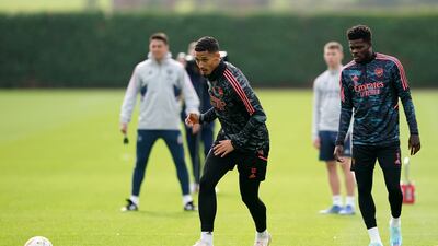 Arsenal's William Saliba trains on Wednesday. PA