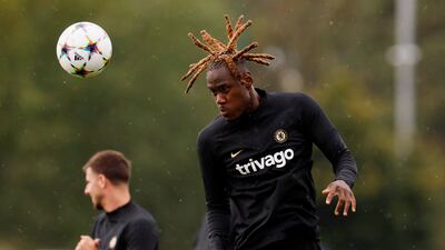 Chelsea defender Trevoh Chalobah heads the ball during training. Reuters