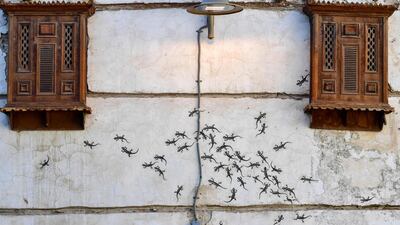 Drawings of lizards adorn a building with traditional windows in Al-Balad, a historical area in Saudi's Jeddah. AFP