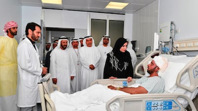 Dr Amal Al Qubaisi, Speaker of the Federal National Council, and Abdulaziz Al Zaabi, second deputy speaker, at Al Mafraq Hospital on Monday, where they visited those injured in the Kandahar terrorist attack. Dr Al Qubaisi checked on the health of Juma Al Kaabi, the UAE’s Ambassador to Afghanistan, diplomat Mubarak Al Saadi and Afghan translator Ajmal Assadullah, and wished them all a speedy recovery. Wam