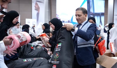 The aid bags for Gaza were assembled during a community event at Mohamed bin Zayed University for Humanities. Photo: Wam