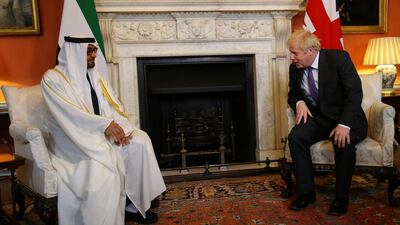 Crown Prince of Abu Dhabi and Deputy Supreme Commander of the Armed Forces, Sheikh Mohamed bin Zayed (l) in talks with British Prime Minister Boris Johnson, inside 10 Downing Street, London. Reuters