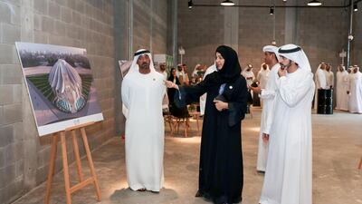 Sheikh Hamdan tours the Expo 2020 site. Seen with Sheikh Ahmed bin Saeed Al Maktoum, left, and Reem Ebrahim Al-Hashimi, Minister of State. Wam