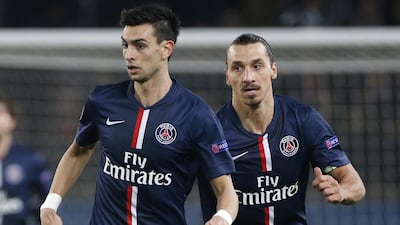 Javier Pastore and Zlatan Ibrahimovic of Paris Saint-Germain shown during a Champions League group match in November. Jean Catuffe / Getty Images / November 25, 2014