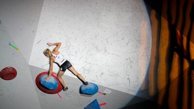 Shauna Coxsey, of Britain, competes during the women's combined bouldering final at the International Federation of Sport Climbing World Championships. AP