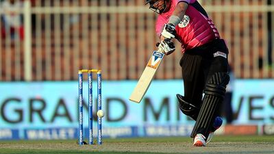 Jacques Kallis of Leo Lions in action against Virgo Super Kings during the Masters Champions League match at the Sharjah Cricket Stadium in Sharjah . ( Satish Kumar / The National )