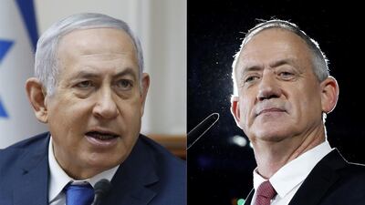 A combo photo shows Benjamin Netanyahu (L) and Benny Gantz, former Israeli army chief of staff speaking during an election campaign in Tel Aviv, Israel, 19 February 2019. EPA