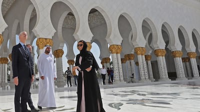 Noura Al Kaabi, Minister of Culture and Knowledge Development, tours with her French counterpart, Franck Riester, left, and Mohammed al Mubarak, Chairman of Abu Dhabi Tourism & Culture Authority, around the Sheikh Zayed Grand Mosque in Abu Dhabi. All photos by AFP