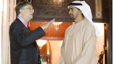 General Sheikh Mohamed bin Zayed Al Nahyan Crown Prince of Abu Dhabi Deputy Supreme Commander of the UAE Armed Forces receives (left) Bill Gates Chairman of Microsoft at Al Bateen Palace in Abu Dhabi.