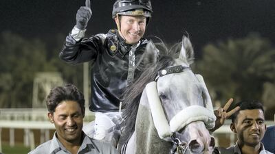 Tadhg O'Shea guided AF La'Asaem, a Purebred Arabian, to victory in Abu Dhabi on Friday night. Erika Rasmussen for The National