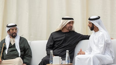 Sheikh Tahnoon bin Mohamed, Ruler's Representative in Al Ain Region, President Sheikh Mohamed bin Zayed and Sheikh Shakhbut bin Nahyan bin Mubarak, UAE Minister of State, receive mourners on the passing of Sheikha Maryam bint Abdullah Al Falasi, at Mushrif Palace on Thursday.