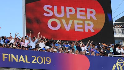 A screen at Lord's signals the game is going to a Super Over. Getty