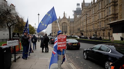 Anti-Brexit protester Steve Bray outside the Houses of Parliament in Westminster, London. Matt Dunham / AP