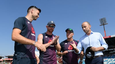 James Anderson is presented with his 150th Test cap by former England captain Nasser Hussain in Centurion. Hussain was the captain when Anderson made his Test debut against Zimbabwe at Lord's in May 2003. Getty Images