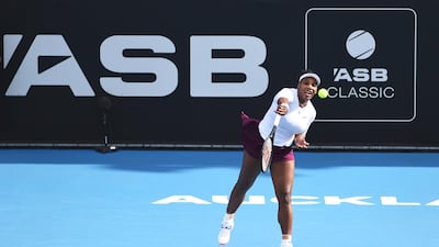 Serena Williams serves during her first round match against Camila Giorgi on Day Two of the 2020 Auckland Classic. AP