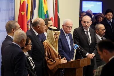 Saudi Arabia's Foreign Minister Prince Faisal bin Farhan speaks to the media next to other leaders outside a UN Security Council meeting on the conflict between Israel and Hamas in New York. Reuters