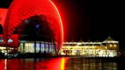 The 4,800 LED panels that cover the Yas Hotel are tested ahead of the official opening of the Yas Marina Circuit.