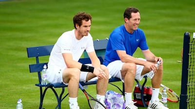 Andy Murray, left, of Great Britain sits with his coach Jonas Bjorkman of Sweden during a practice session ahead of the Aegon Championships at the Queens Club on June 14, 2015 in London, England. Jordan Mansfield/Getty Images