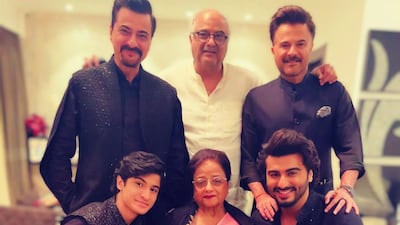 Back row, from left: brothers Sanjay, Boney and Anil Kapoor. Front row, from left: Jahaan Kapoor, Nirmal Kapoor and Arjun Kapoor. Photo: Instagram / arjunkapoor